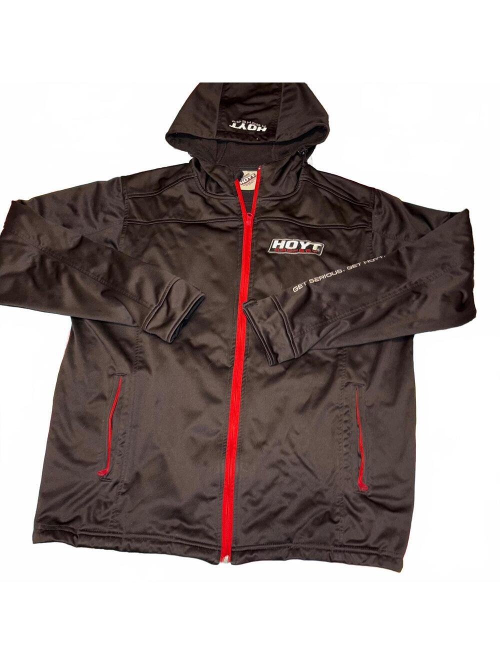 Hoyt Archery $120 Mens L Softshell Black and Red Hooded Zip-Up Jacket Size Large